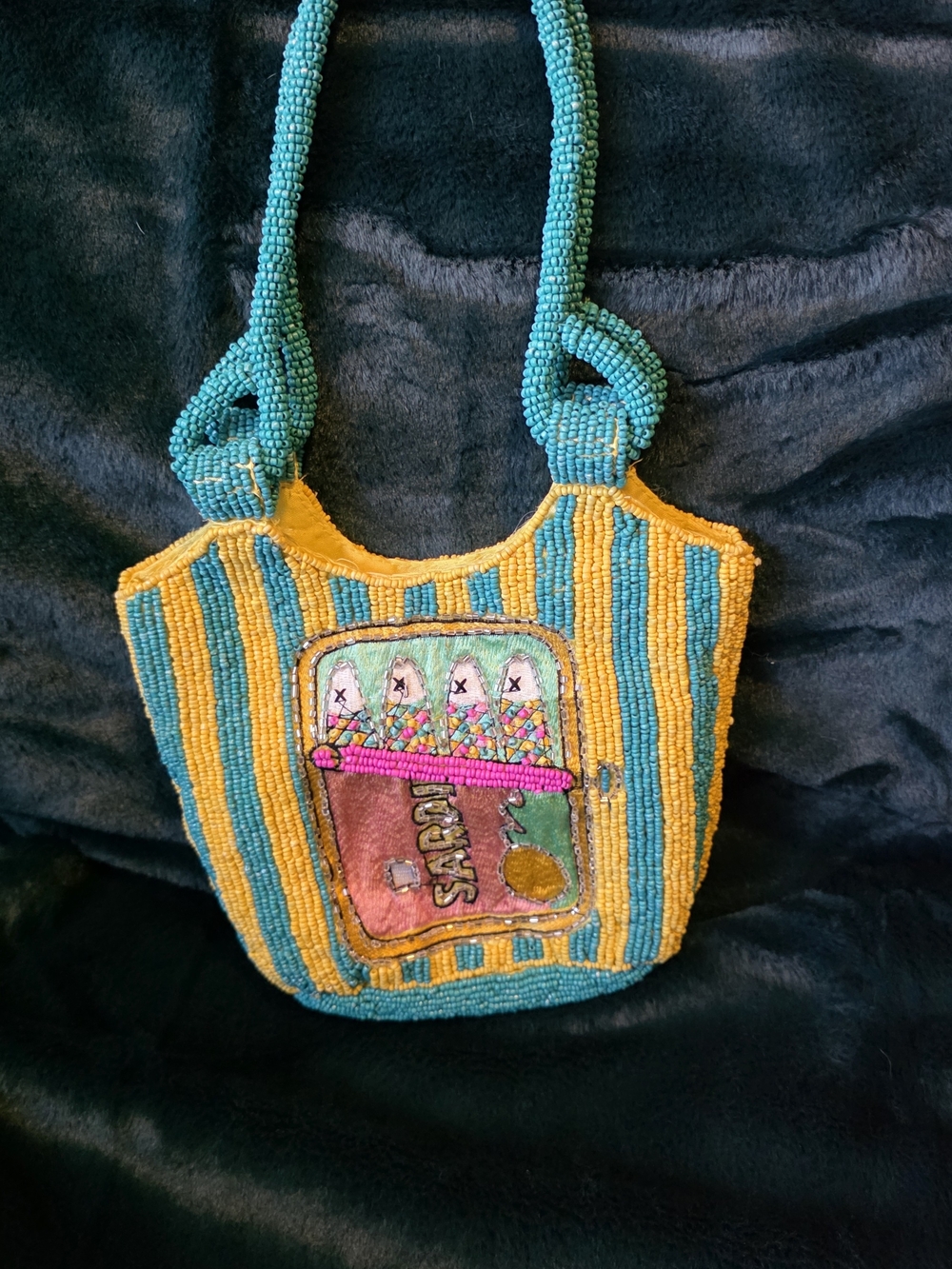 Viral Beaded Yellow & Teal Stripe Women’s Tote Bag